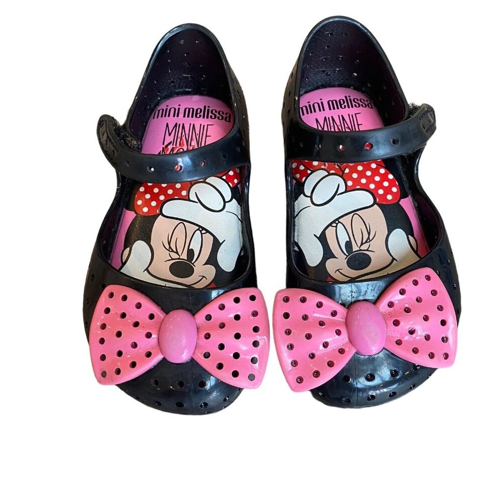 Mini Melissa Mickey Minnie Mouse Mary Jane Shoes Girl's Size 7 Black Pink Bow